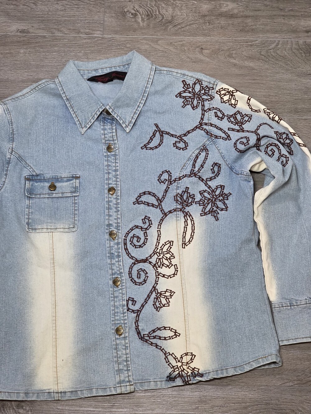 Vintage Y2K Era Foxy Jeans Button Up Denim Shirt-Top Womans Sz L-XL Stretch - Picture 2 of 7